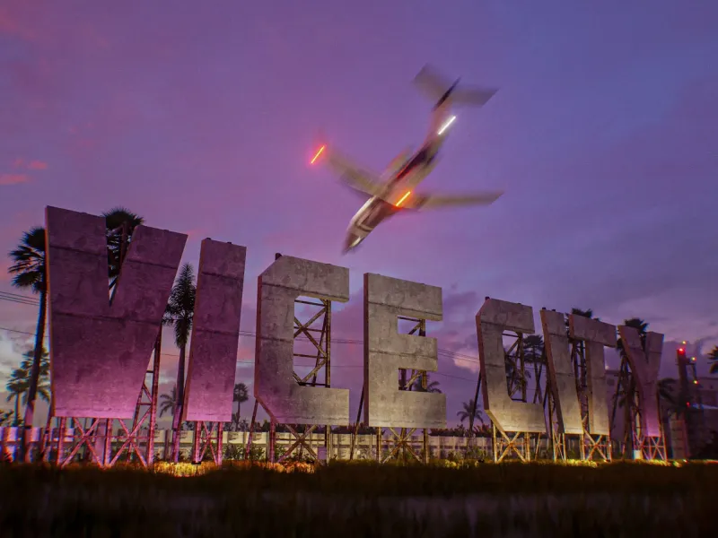 GTA 6 fan art in 3D: the giant VICE CITY letters on their steel truss at dusk, a business jet flying overhead.