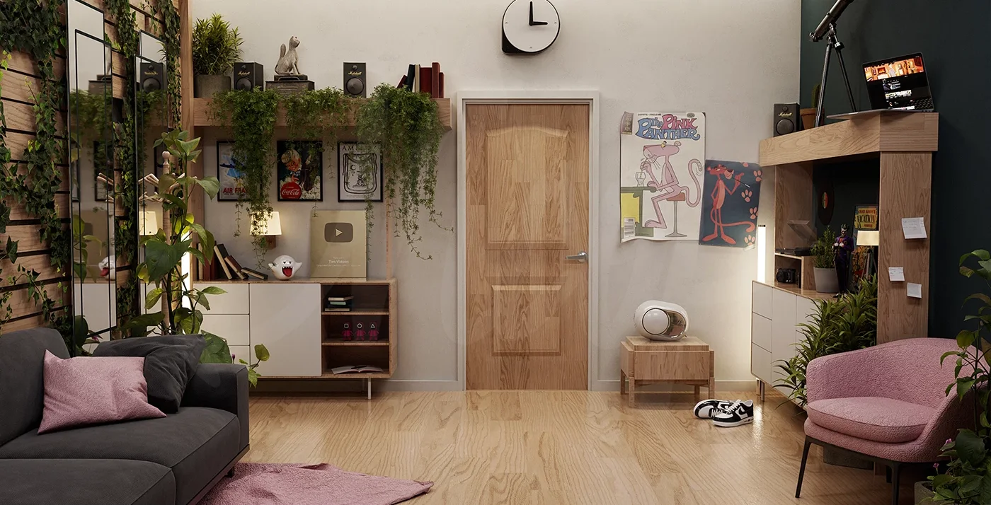 Décor 3D lumineux : porte en bois, plantes, fauteuil rose et étagères.
