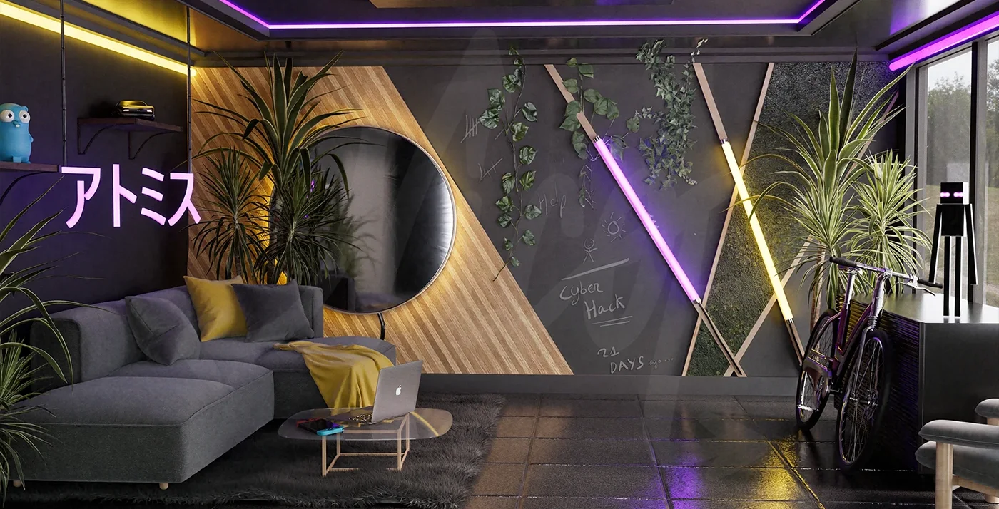 Décor 3D sombre à néons violet et jaune, canapé gris, plantes et vélo.