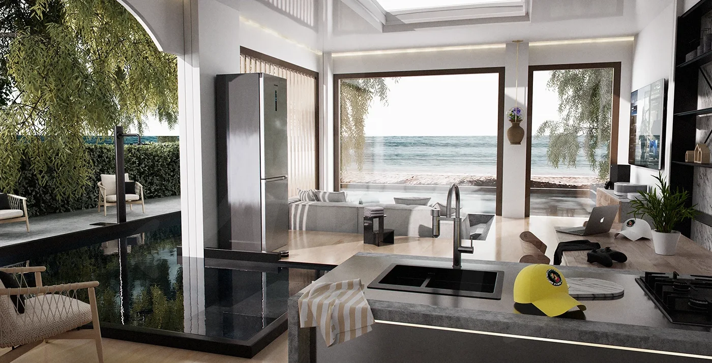 Décor 3D de cuisine ouverte sur une plage, plan de travail et baie vitrée.