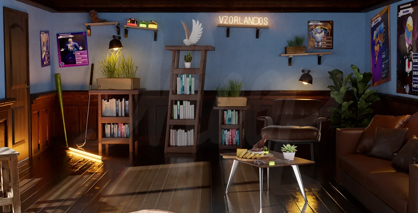 Décor 3D boisé : bibliothèques, enseigne lumineuse et fauteuil en cuir.
