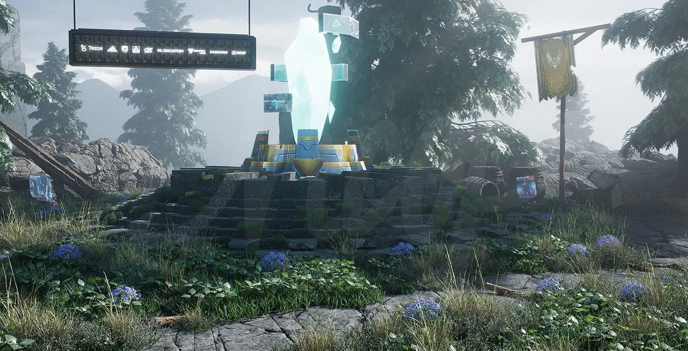 Décor 3D extérieur : forêt brumeuse, ruines et cristal lumineux.