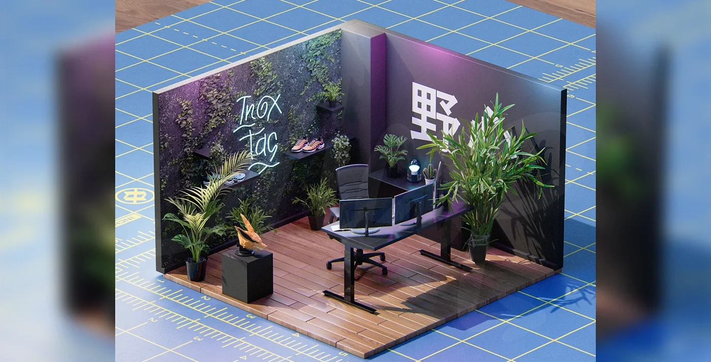 Décor 3D isométrique : coin bureau végétal, néon et écrans.