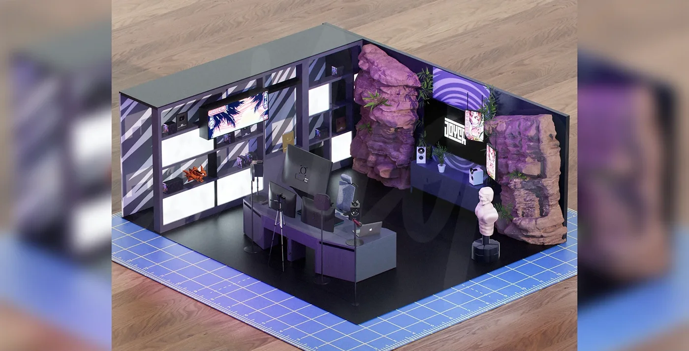 Décor 3D isométrique : bureau gaming, rochers violets et étagères lumineuses.