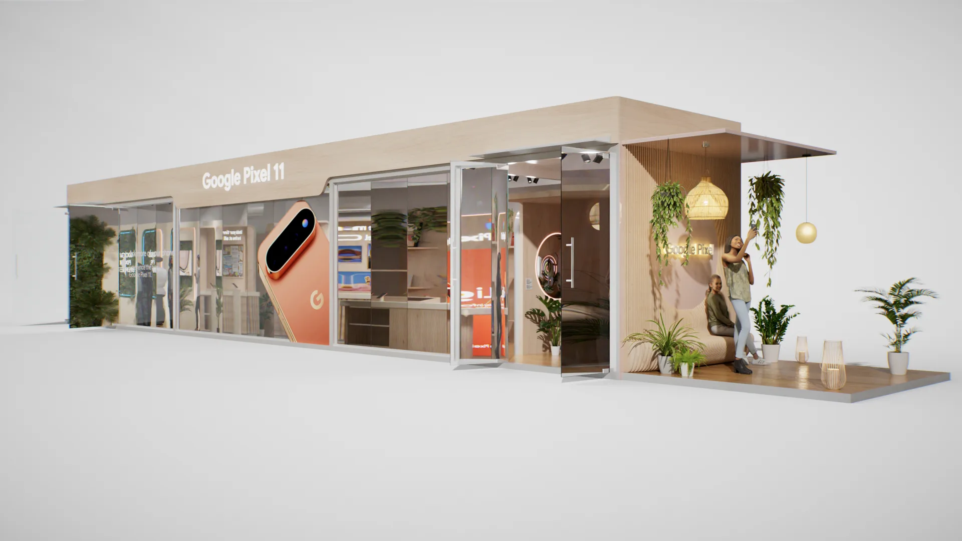 Espace Google Pixel 11 en 3D : façade vitrée, enseigne et visuel du Pixel 11 Pro.