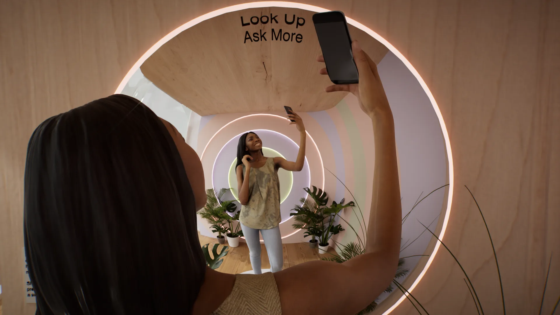 Tunnel de lumière « Look Up, Ask More » vu à travers un selfie.
