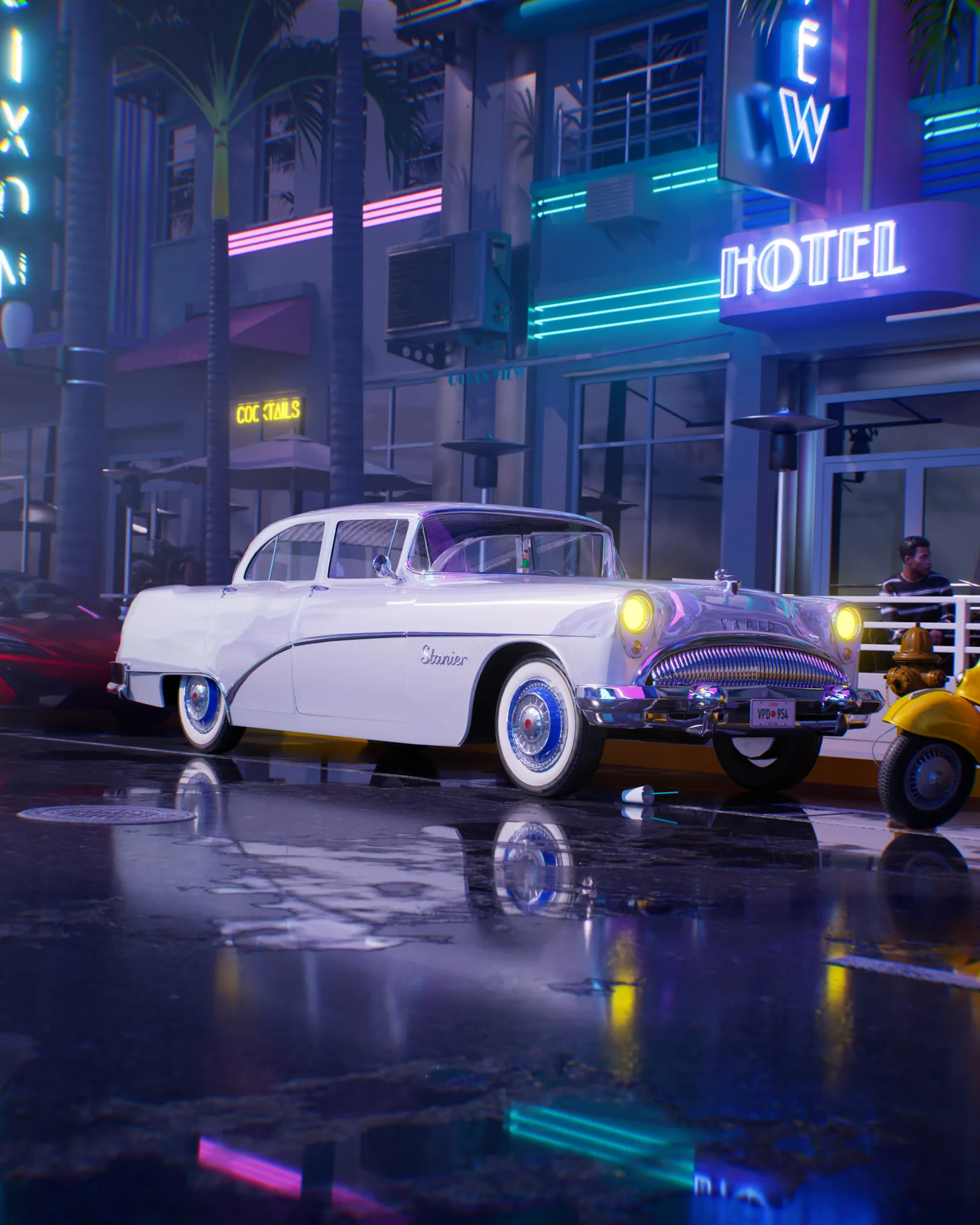 An Art Deco street in Vice City at night, in 3D: the white Vapid Stanier parked outside a neon hotel, on wet asphalt.