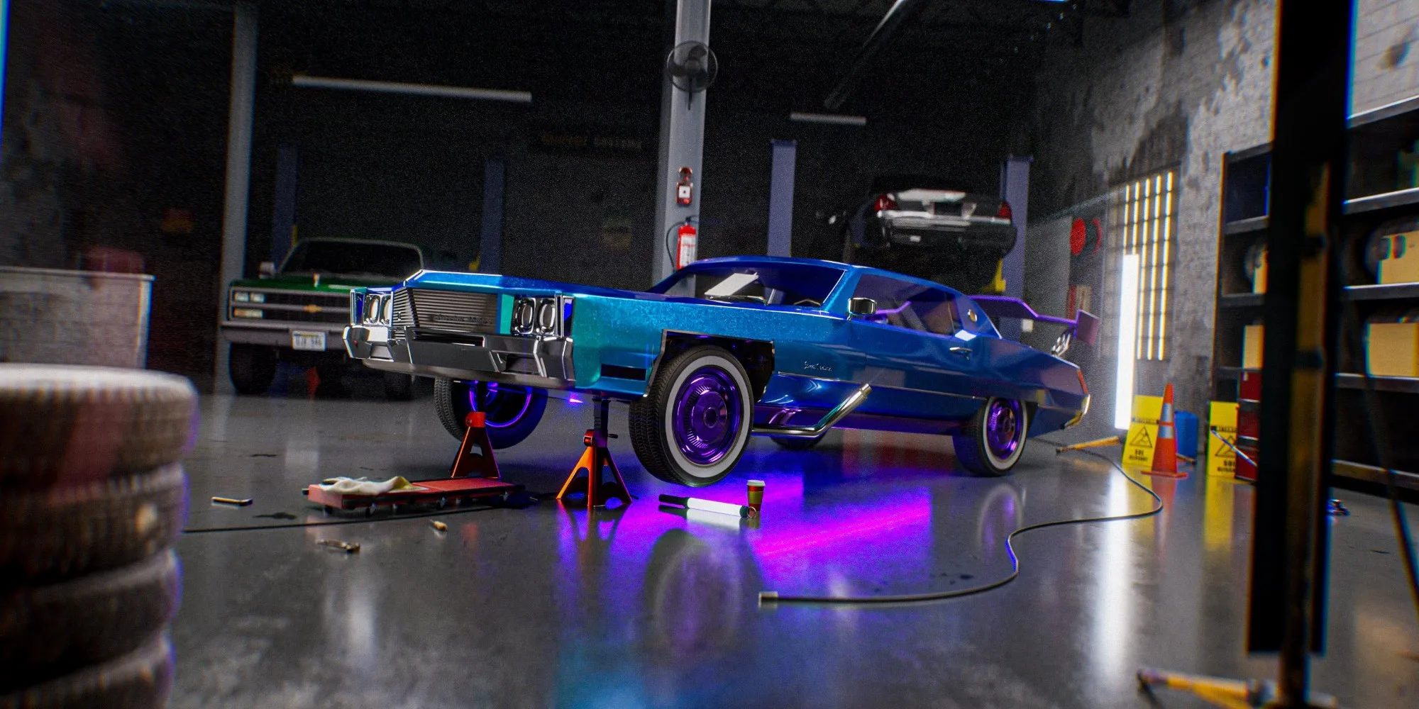 GTA VI’s Rideout Customs garage in 3D: a blue American coupe on jack stands, purple neon under the body.