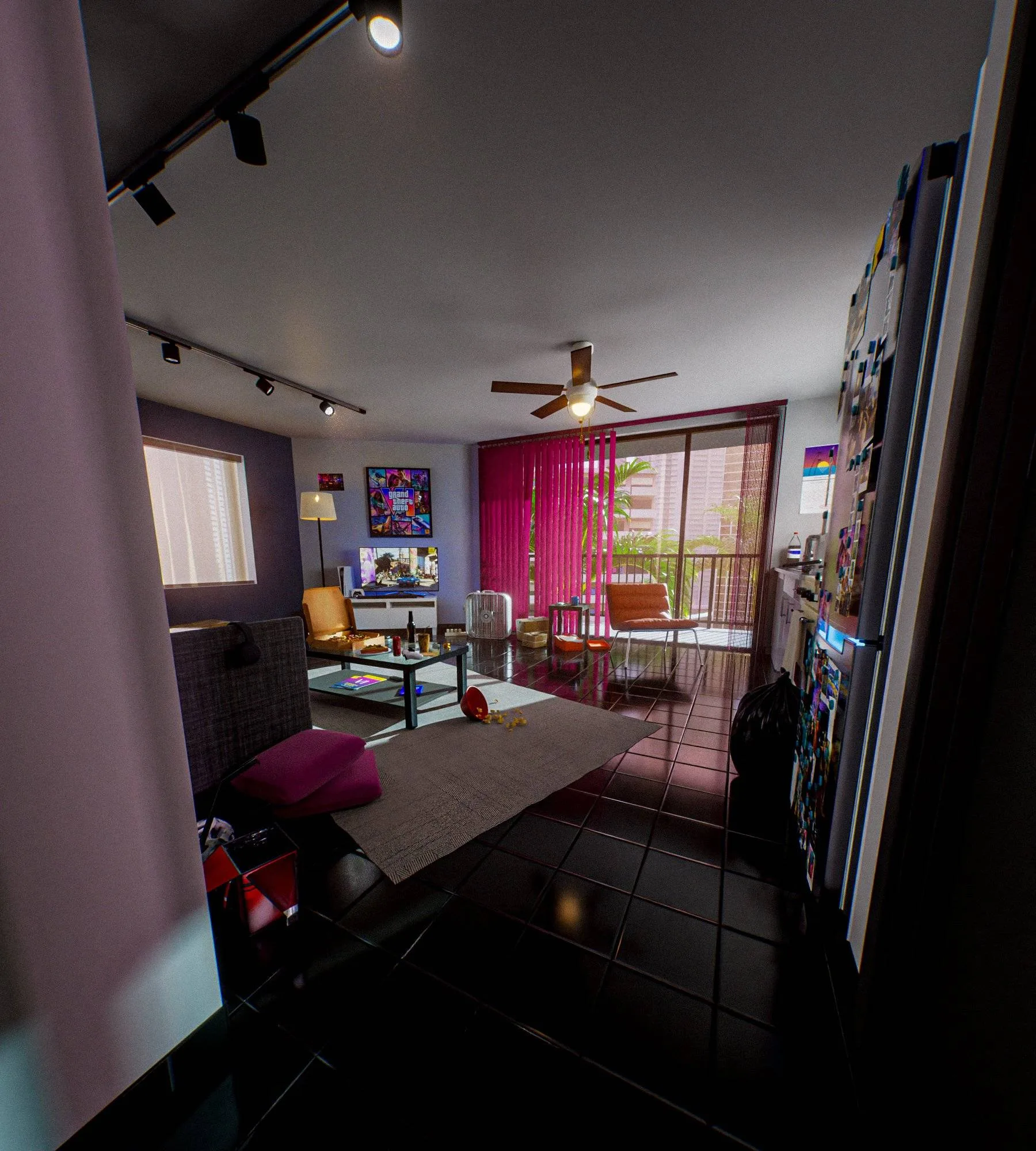 A GTA VI fan’s apartment in Vice City: a messy living room, the game’s poster, the TV on and a fridge covered in photos.