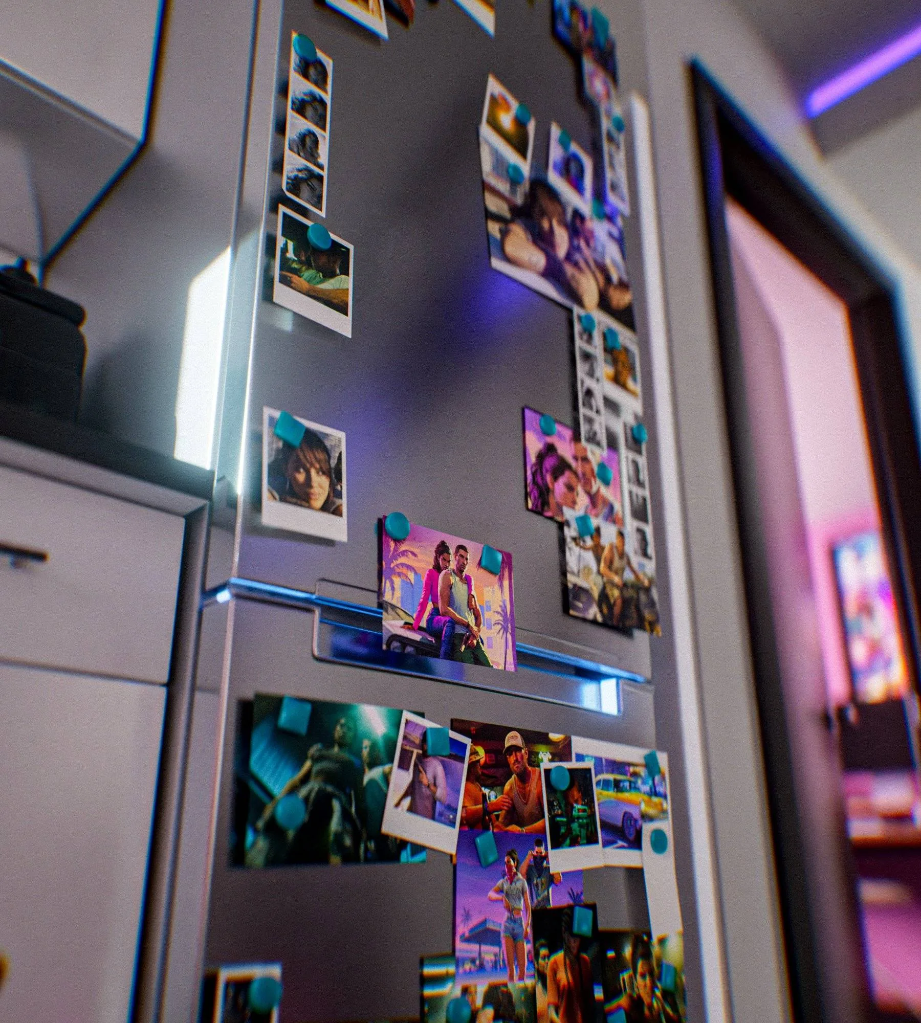 A fridge covered in photos of Lucia and Jason, GTA VI’s main characters, held by magnets.