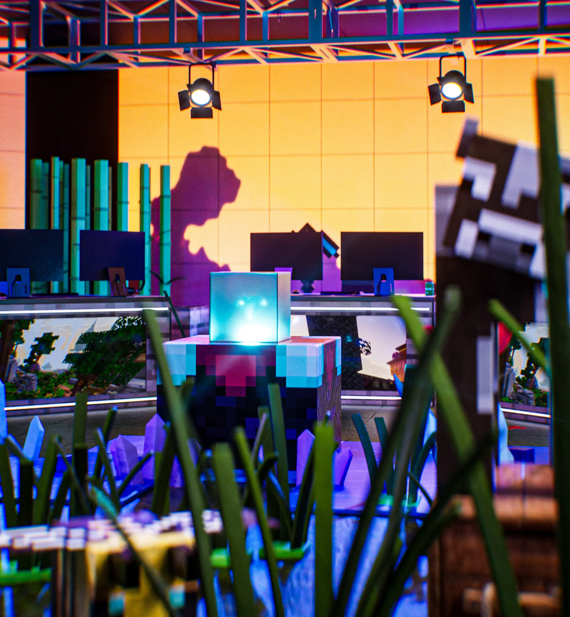Glowing turquoise cube on a pixel pedestal, in front of the desks and an orange wall