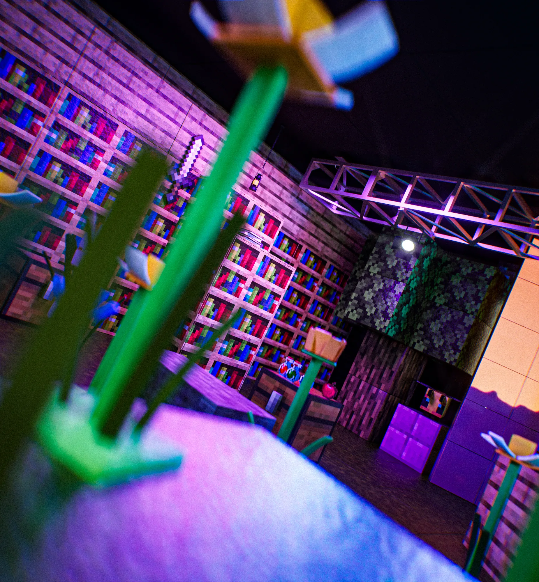 Block bookshelf in purple light with a pixel sword and flowers, tilted view