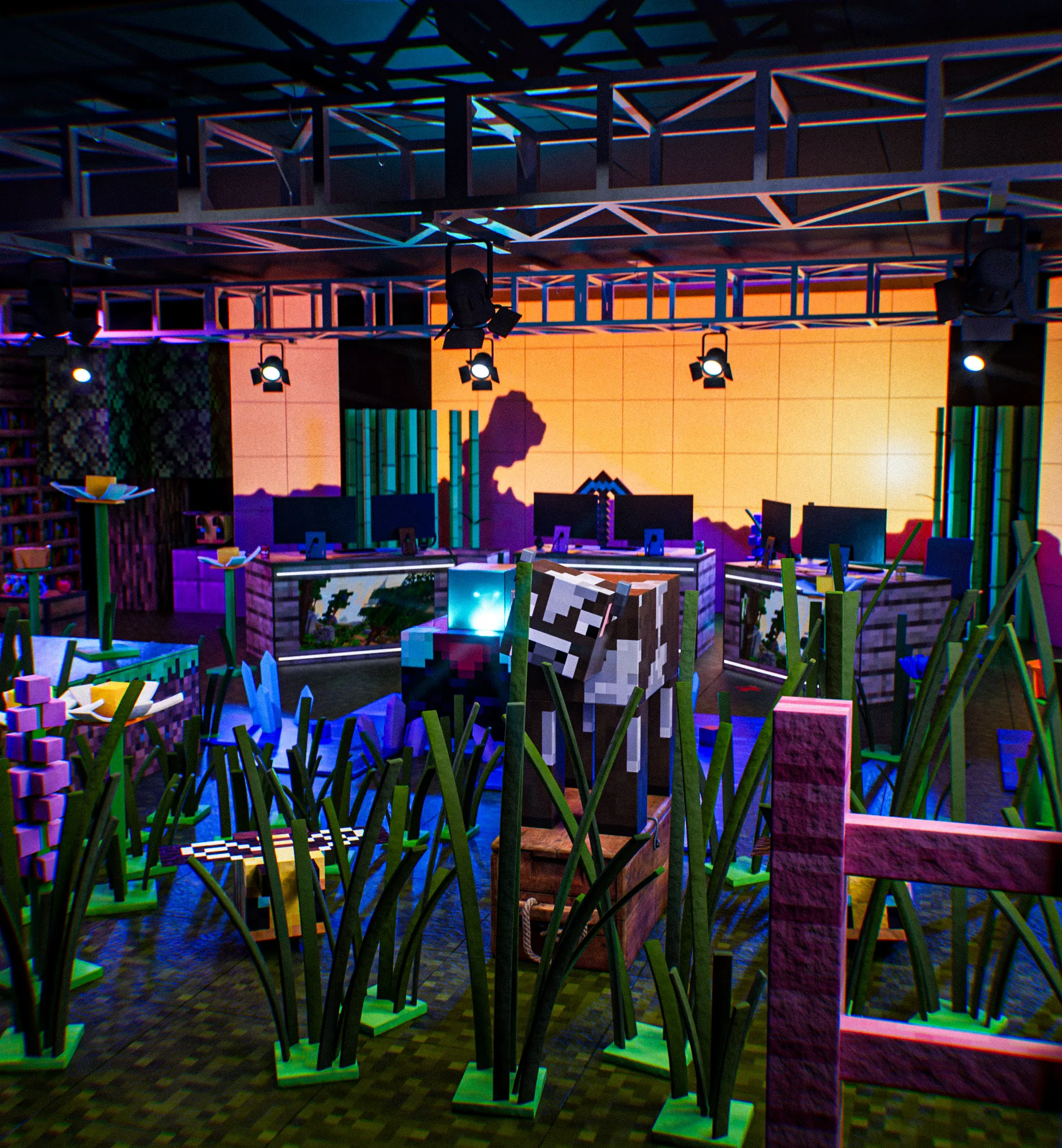 Inoxtag’s 3D Minecraft set: monitor desks, a blocky cow and a pink fence