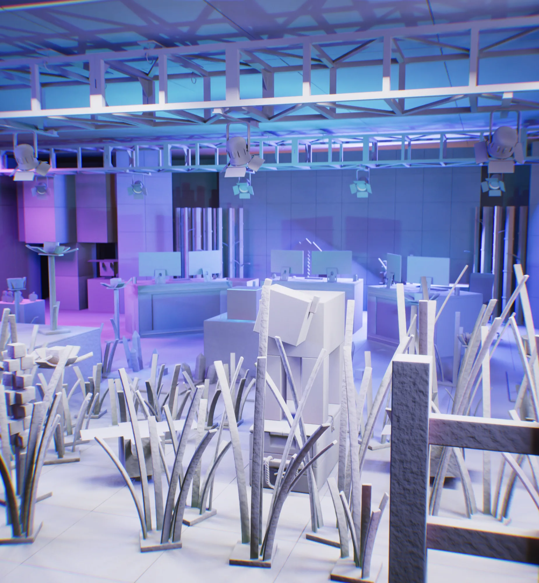 Clay render of the set, same framing: trusses, desks, cow and grass, without materials