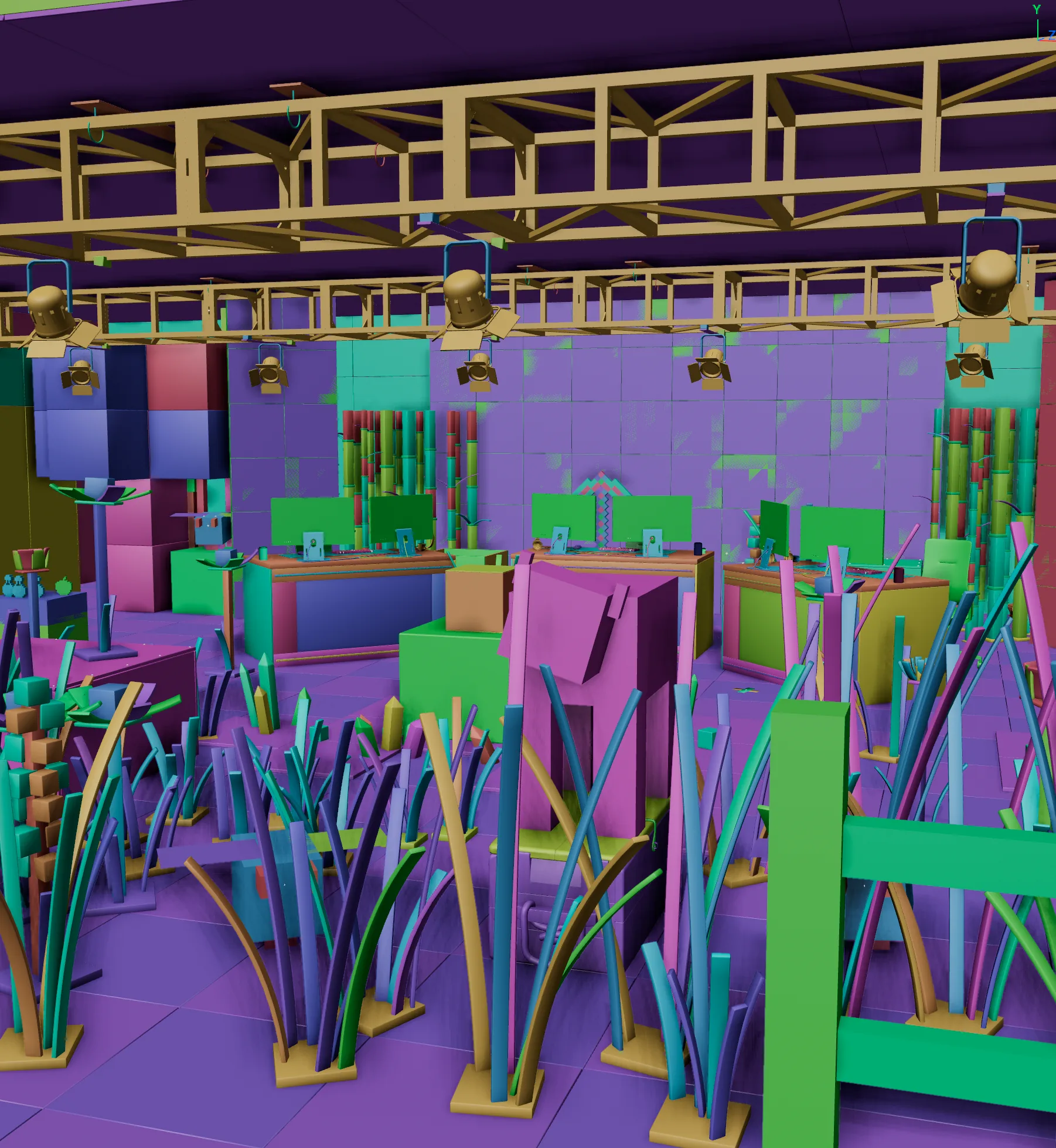 Cinema 4D viewport of the Minecraft set, with each object shown in its own color