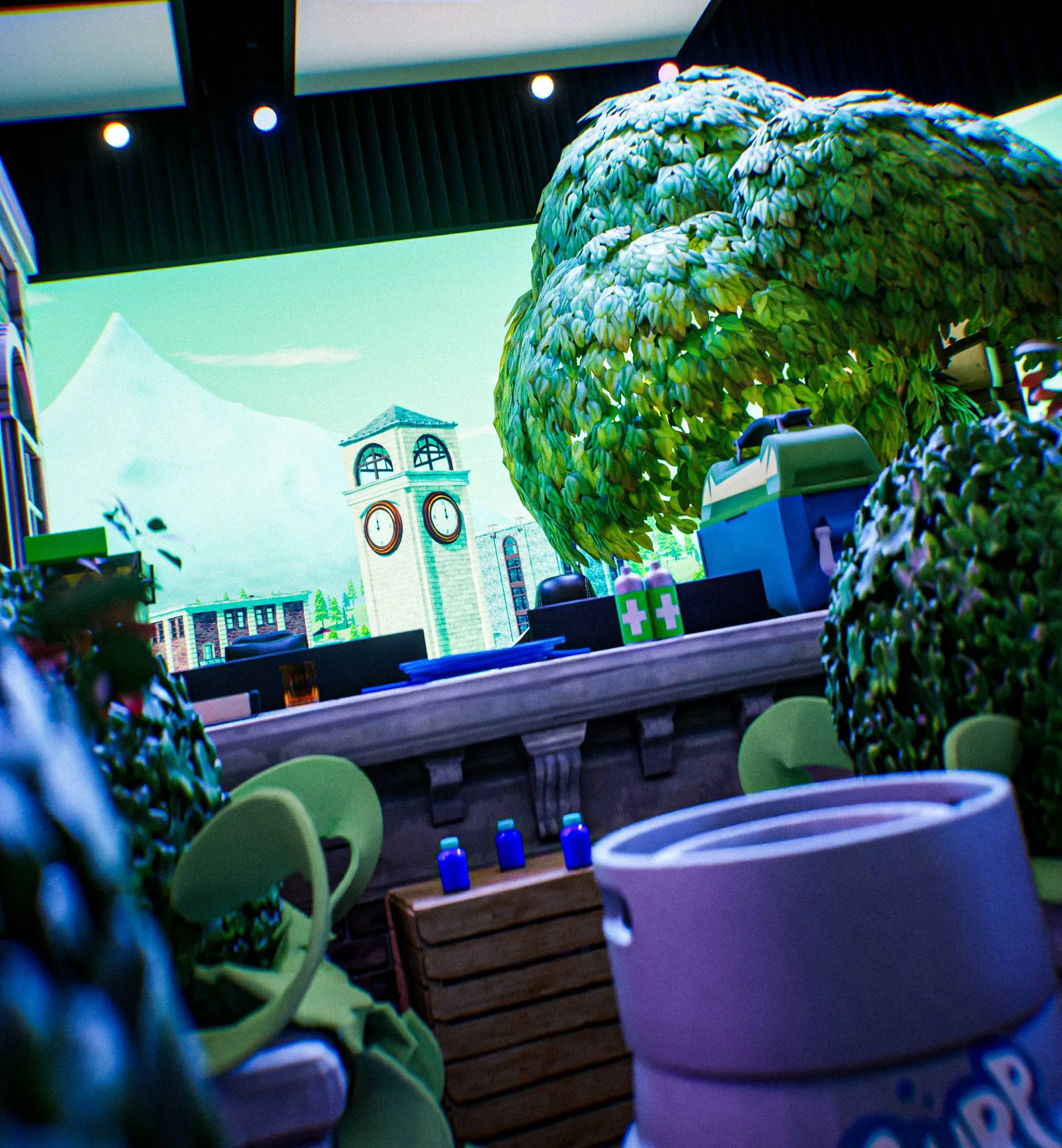 The Tilted Towers clock tower on the back screen, behind a tree and a Slurp barrel.