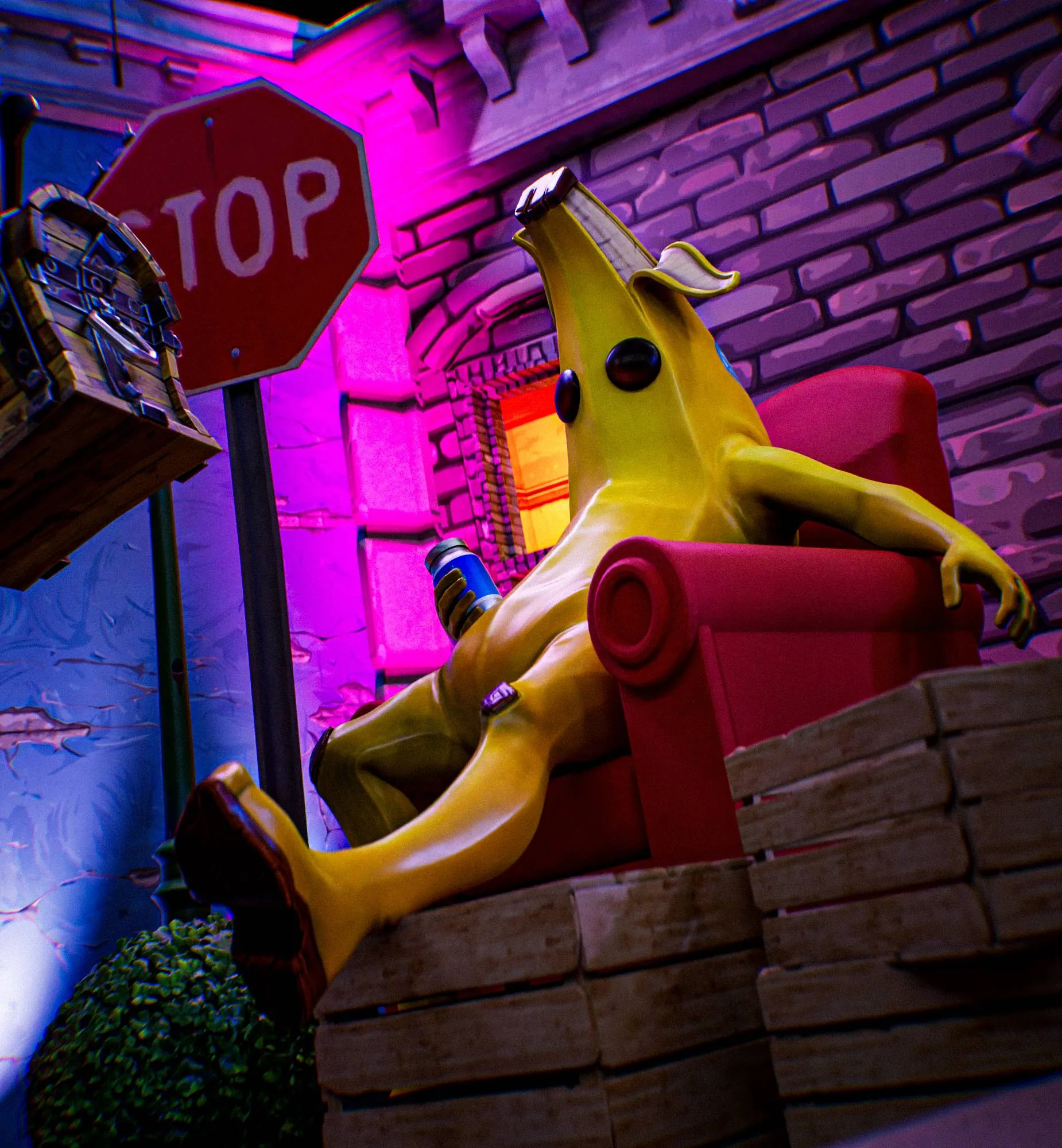 Peely, Fortnite’s banana, slumped in a red armchair on pallets, under a stop sign.