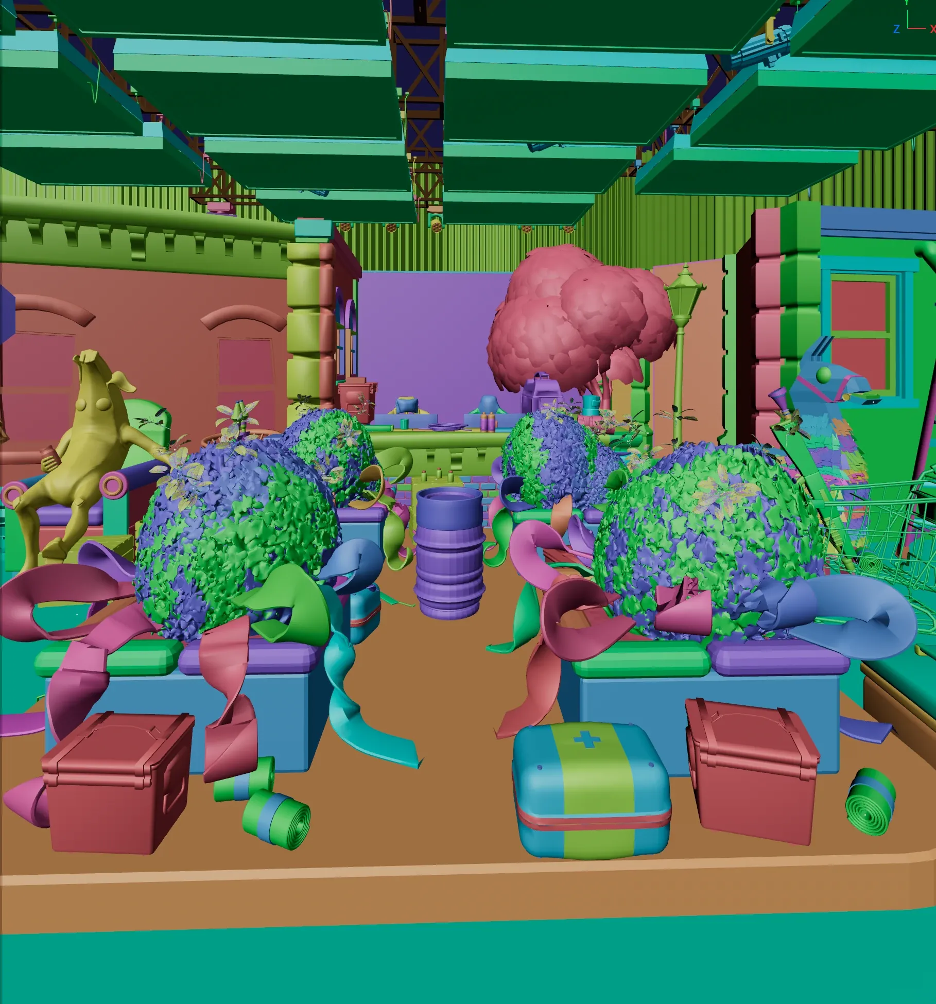 Cinema 4D viewport of the La League stage, one color per object.