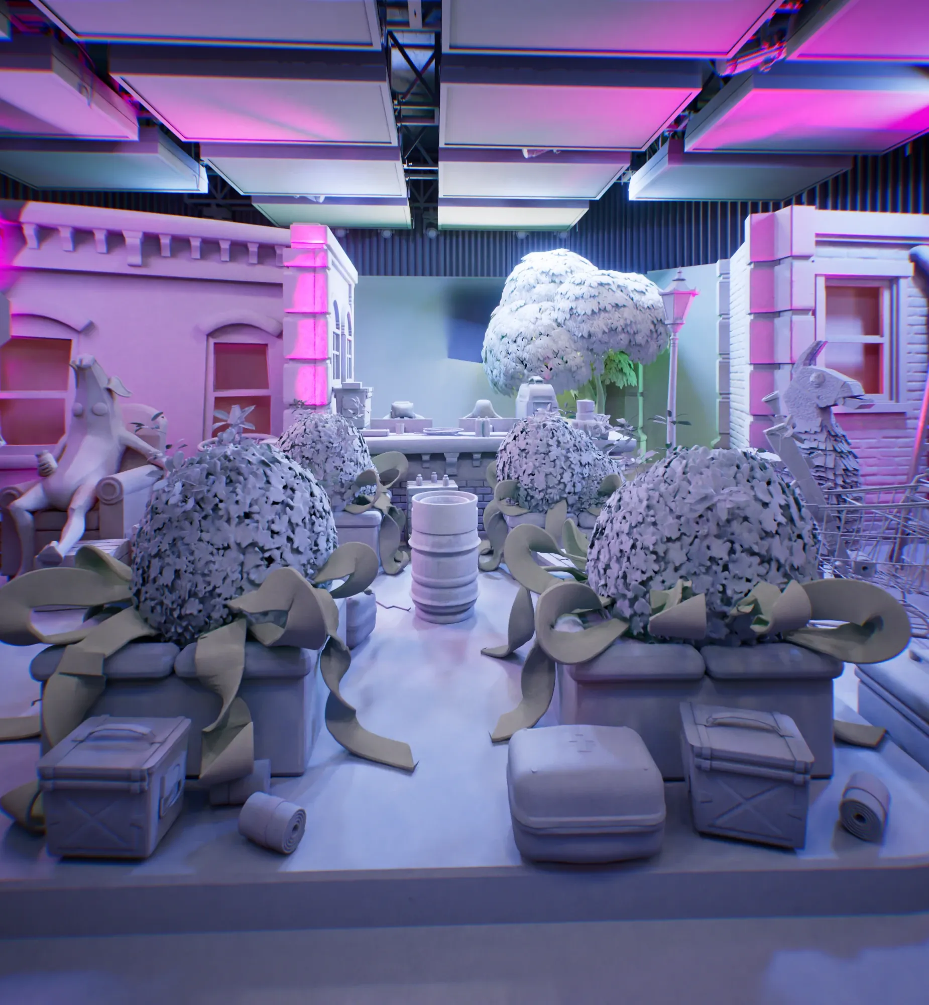 Clay render of the La League stage: Peely, the llama piñata, the bushes and the boxes, without materials.