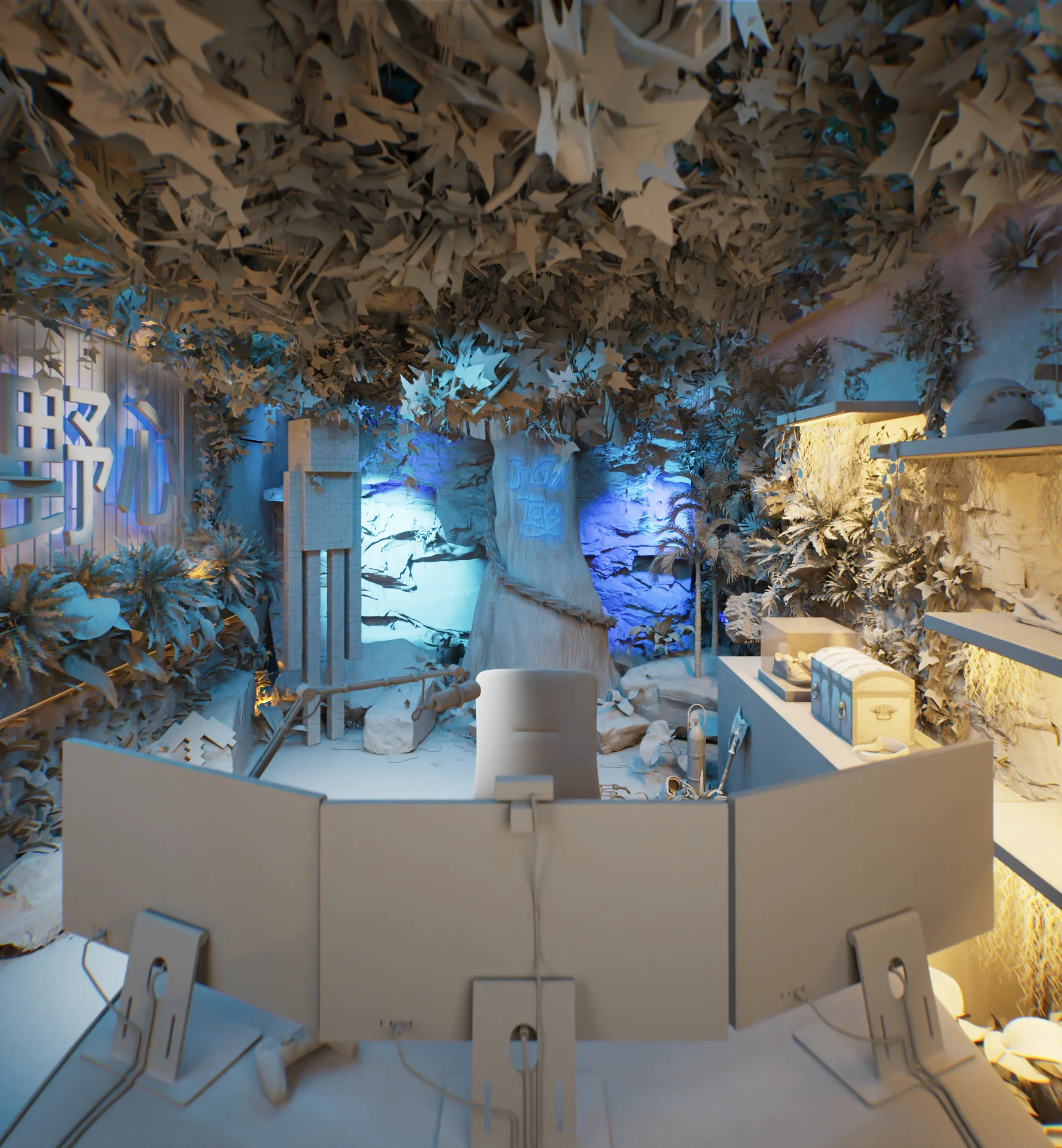 Clay render of the studio: tree, foliage, sign and triple-monitor desk, without materials