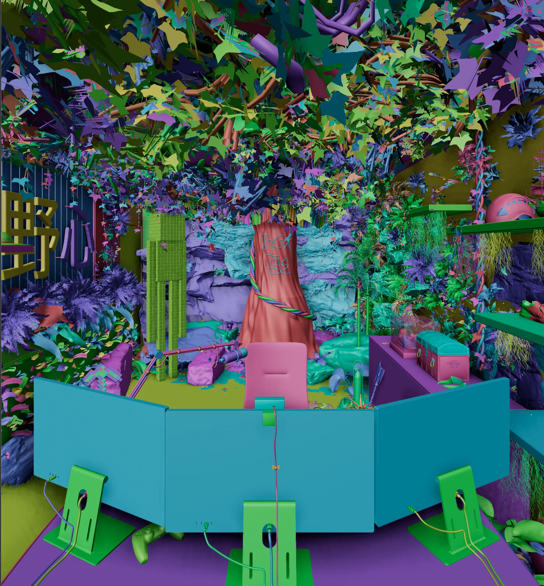 Cinema 4D viewport: the same scene, with each object shown in its own color