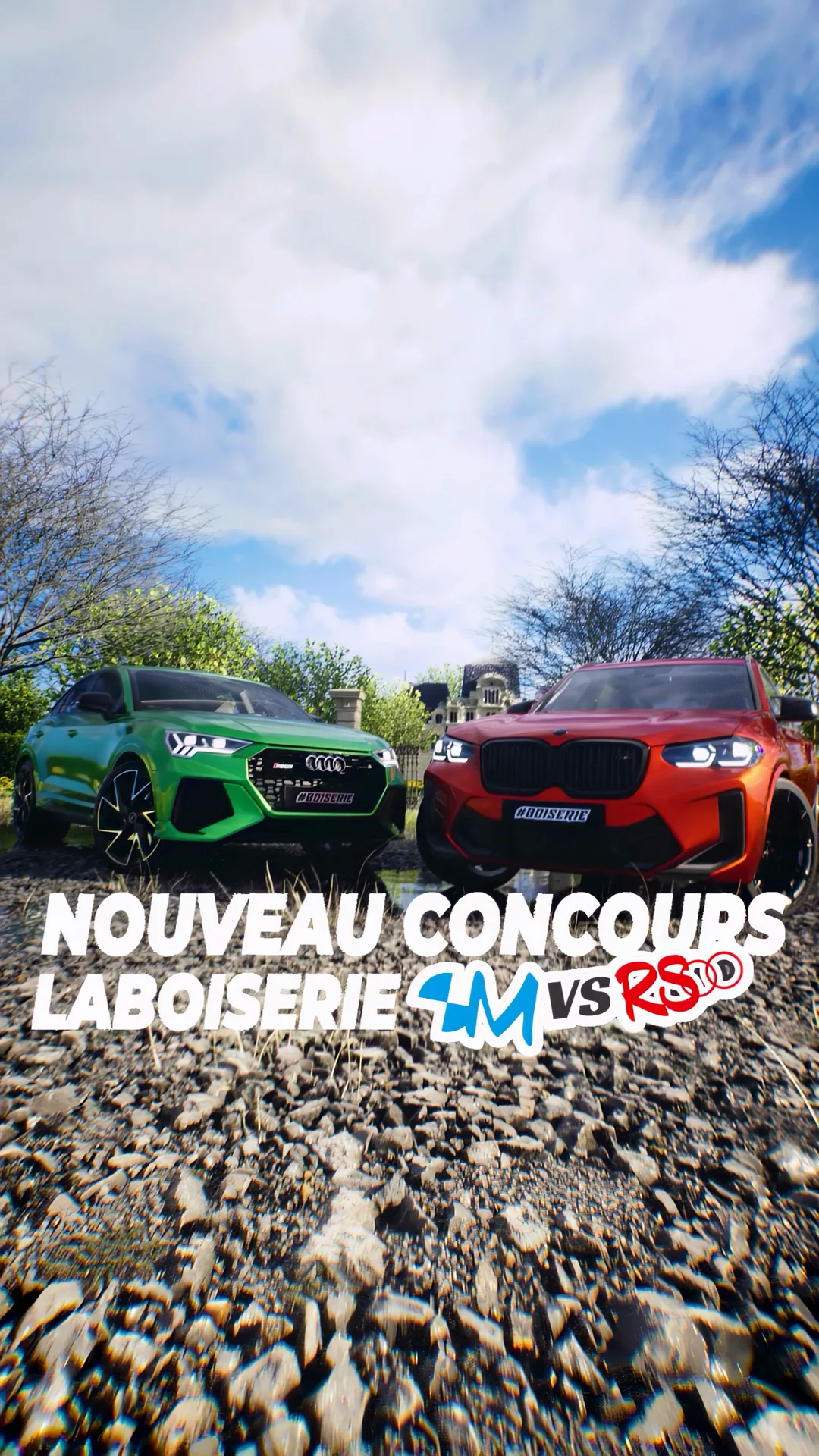 Une Audi RS verte et une BMW M rouge sur un chemin, sous l’affiche « Nouveau concours La Boiserie M vs RS ».