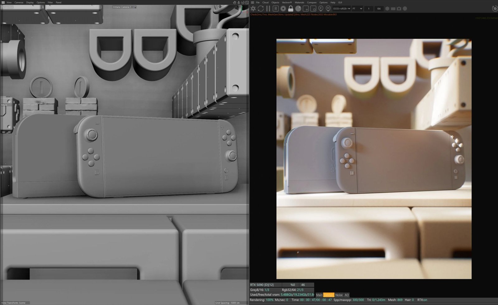 Cinema 4D work view and clay render of the Nintendo Switch 2 scene.