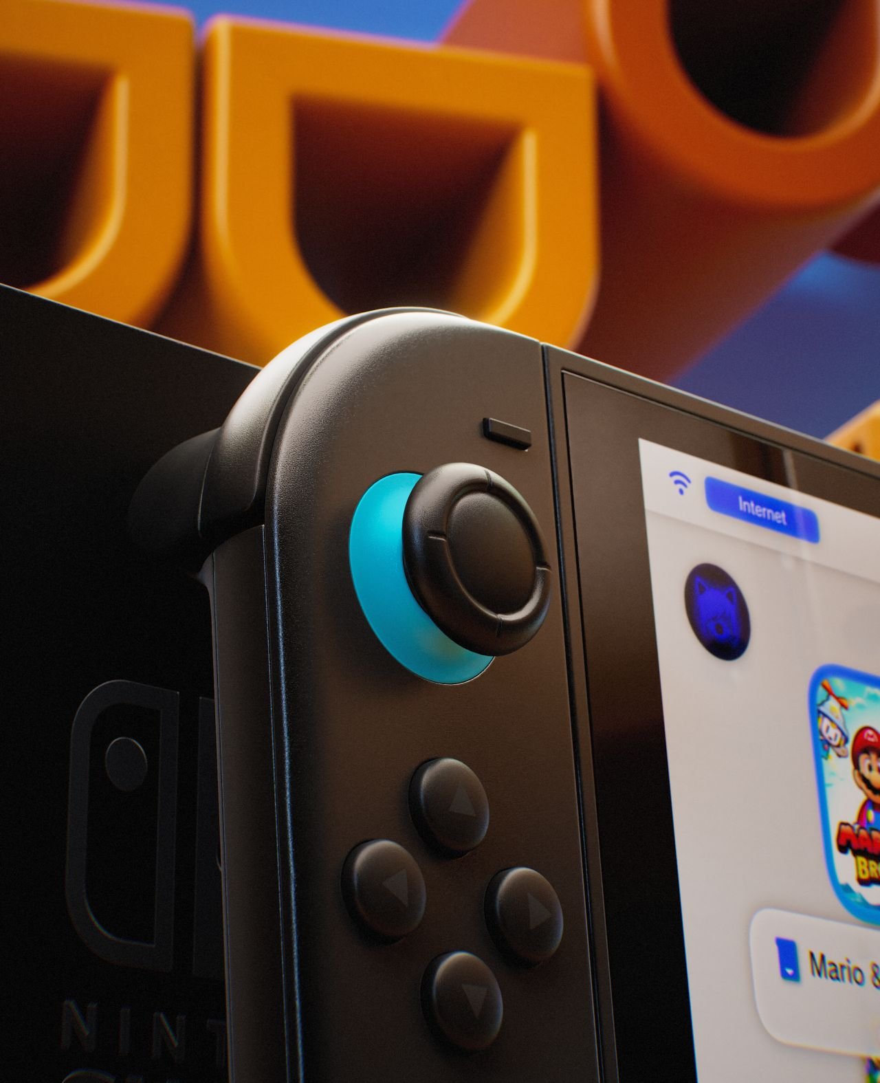 Detail of the console’s joystick and materials.