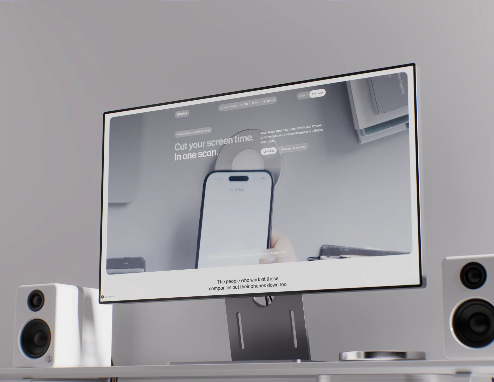 A screen showing the Norma website, “Cut your screen time. In one scan.”