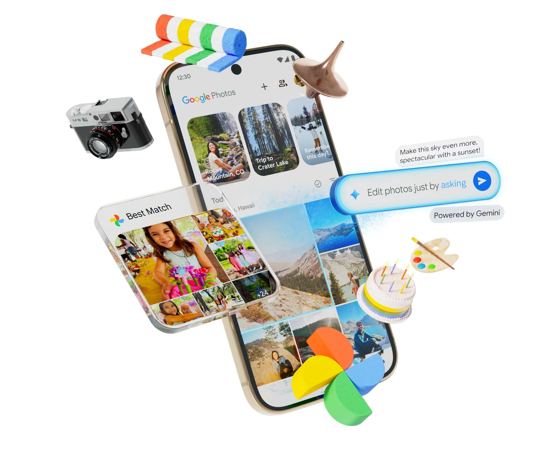 Google Photos 3D illustration: a smartphone, photos and floating objects.