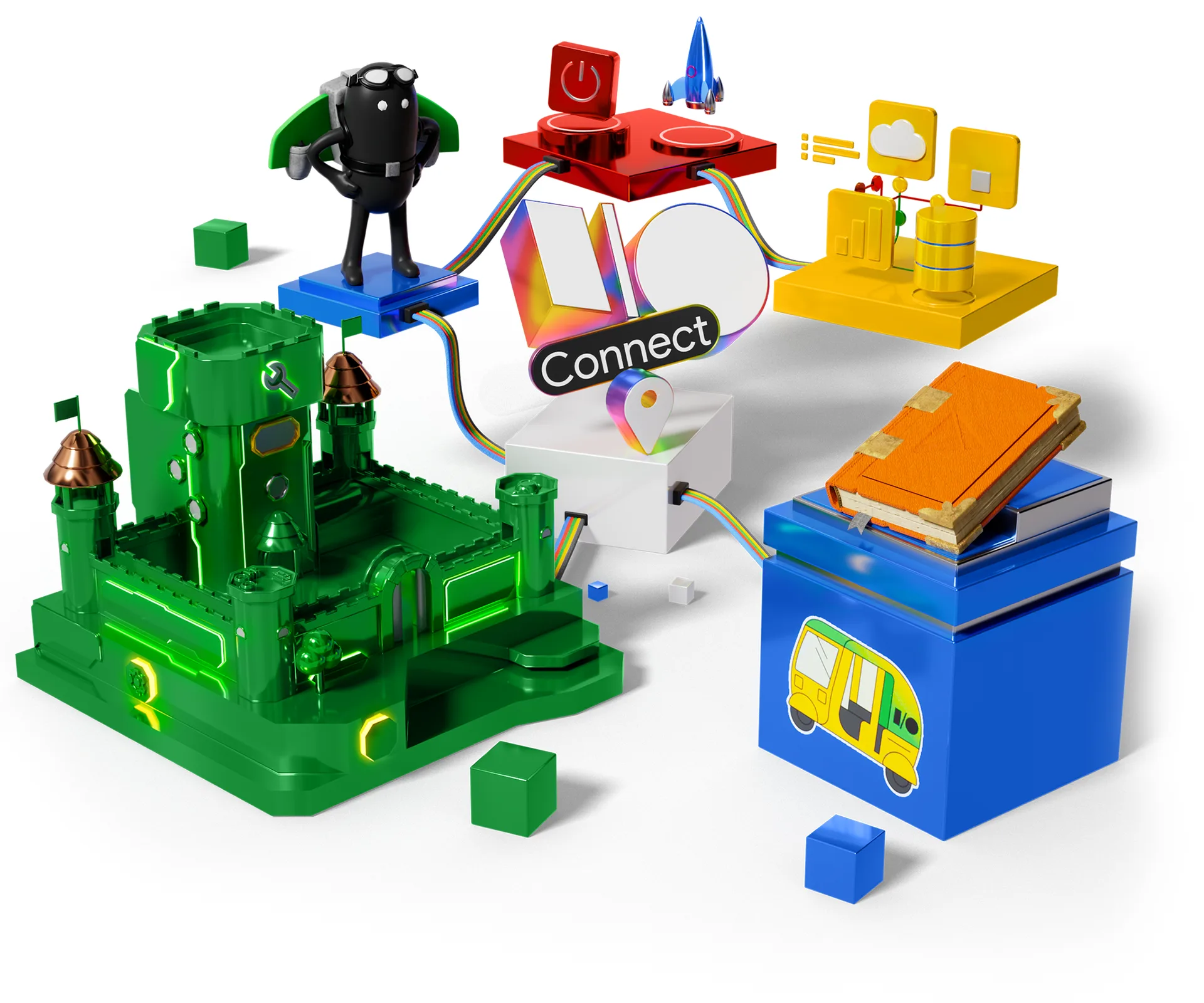 3D illustration of a green castle and game blocks linked by cables.