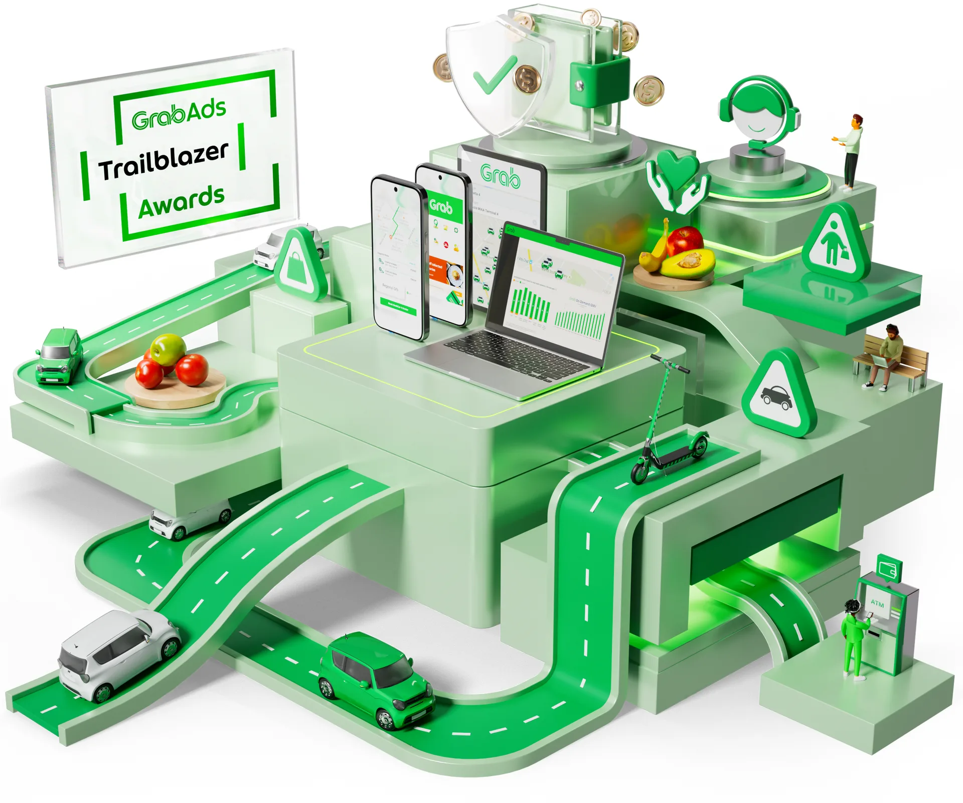 3D illustration of the GrabAds Trailblazer Awards: a green city, roads and screens.