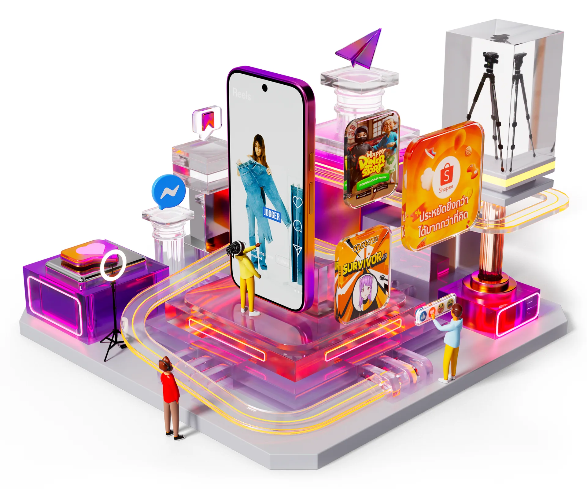3D illustration of a social app: a giant smartphone, badges and spotlights.