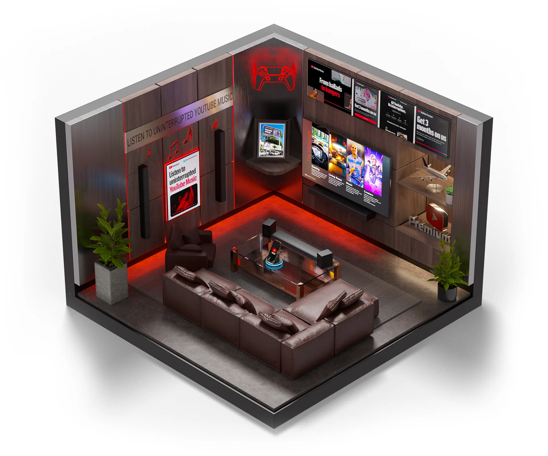 3D illustration of a dark gaming room: sofa, screen and red lighting.