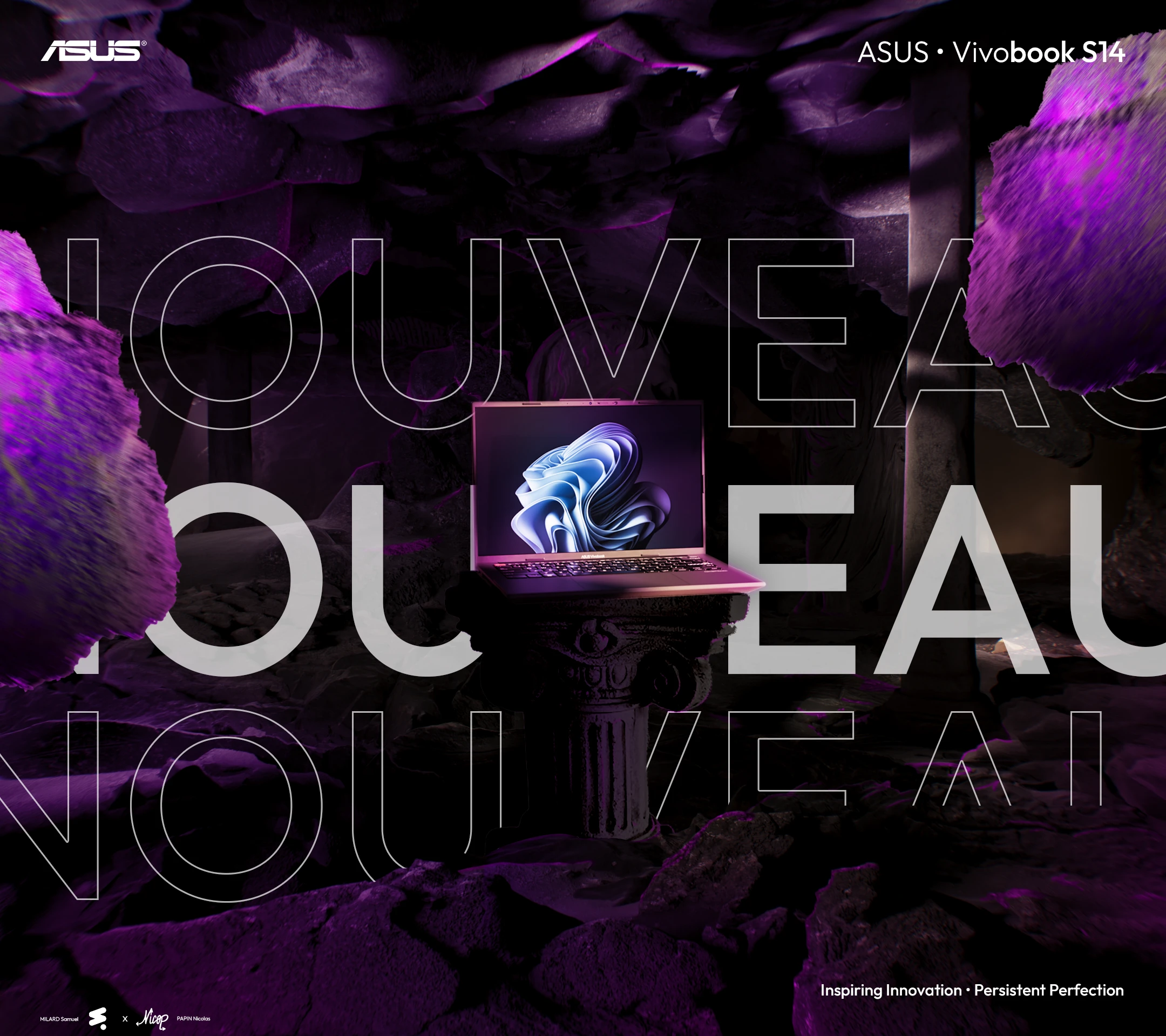 Affiche concept Asus Vivobook dans un univers violet.