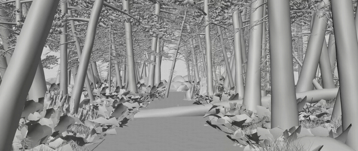 Vue clay de la forêt 3D : arbres, rochers et végétation sans textures.