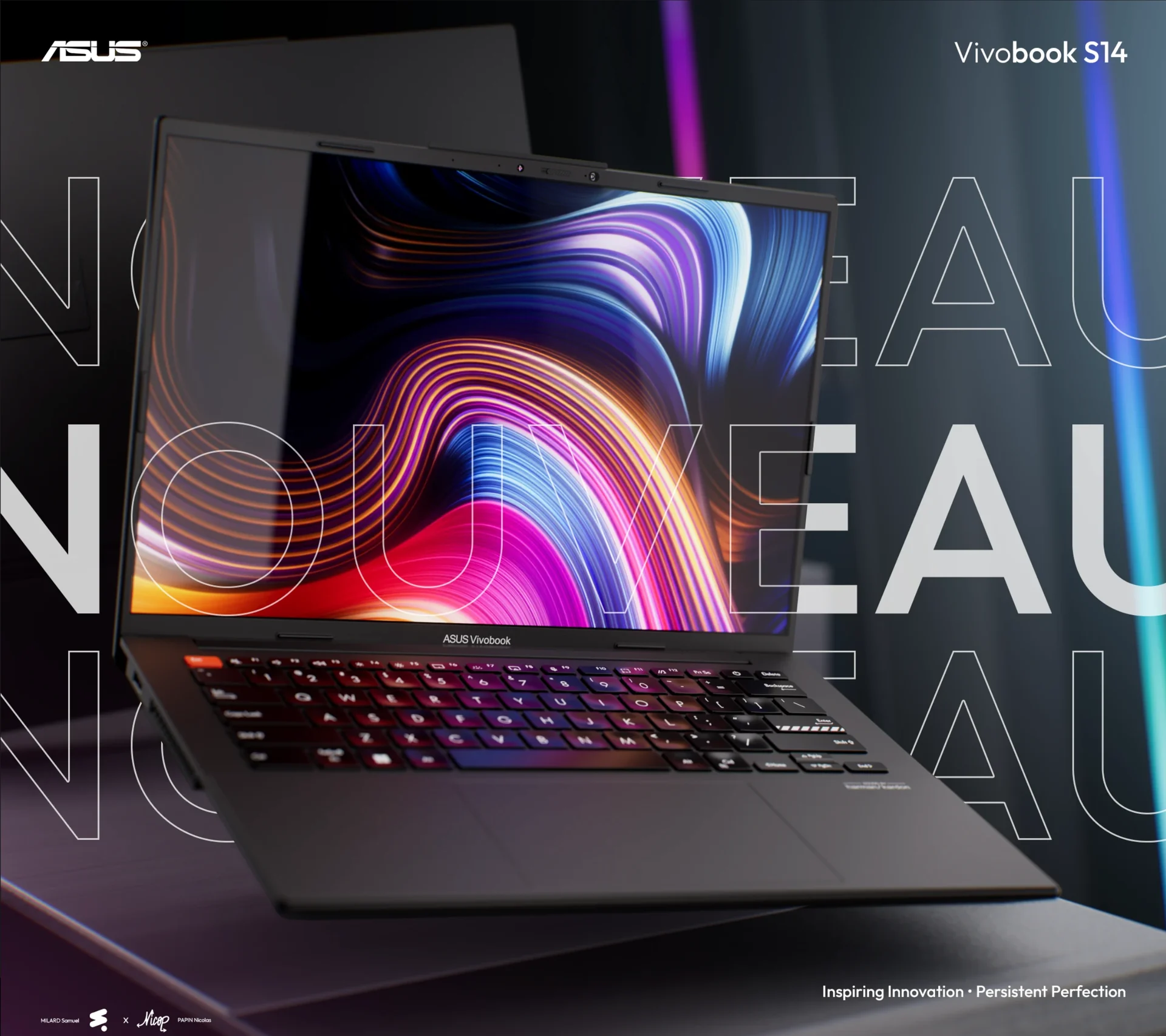 Affiche concept du Vivobook S14 avec un écran aux lignes colorées et des lumières violettes et bleues.