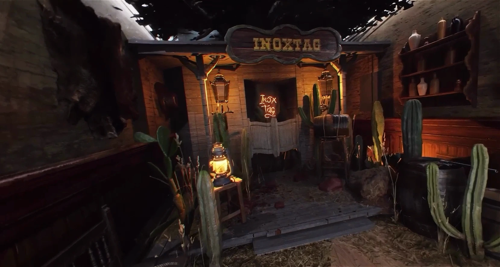Façade en bois et enseigne Inoxtag dans le décor 3D.