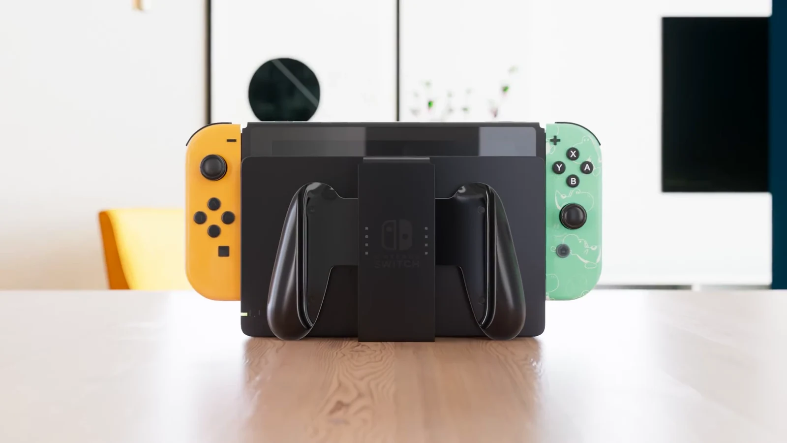Nintendo Switch et sa station d’accueil dans un décor lumineux.