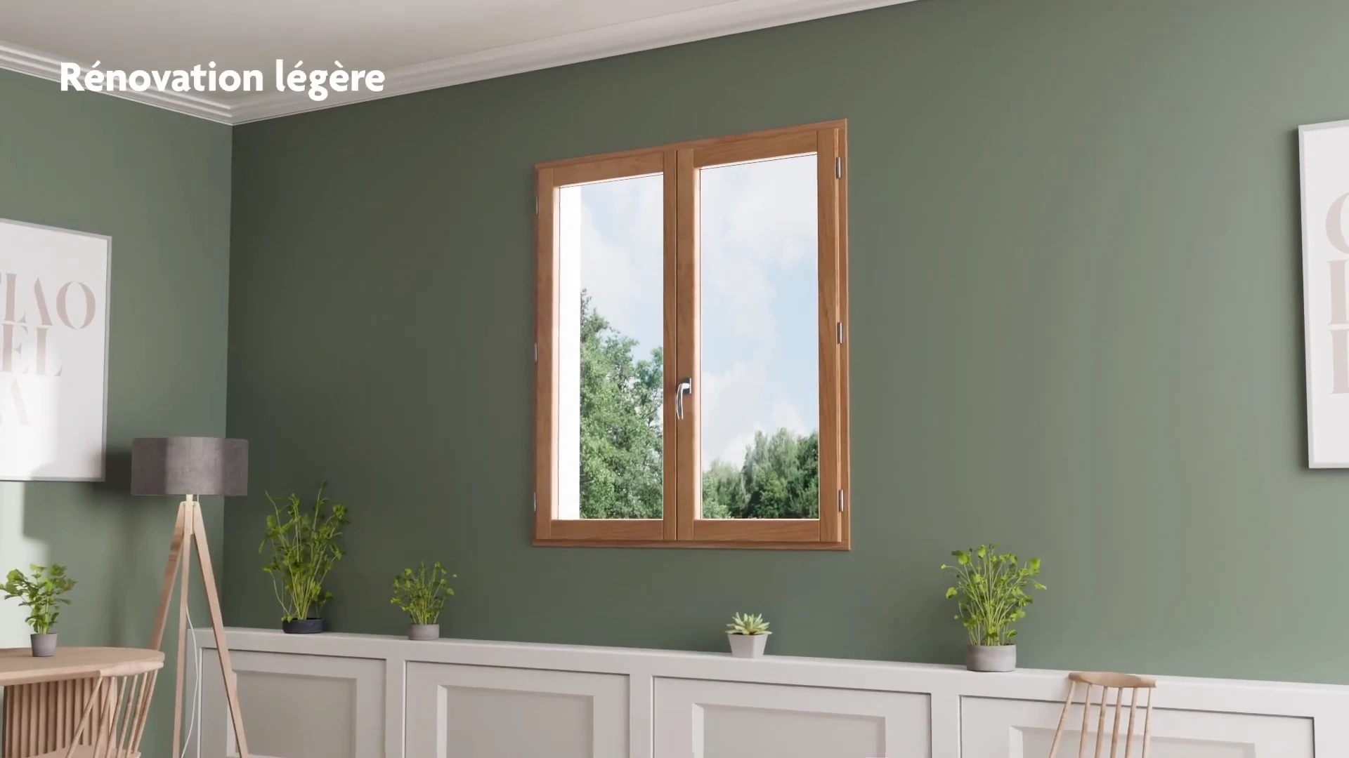 Cadre de fenêtre existant dans un intérieur aux murs verts.