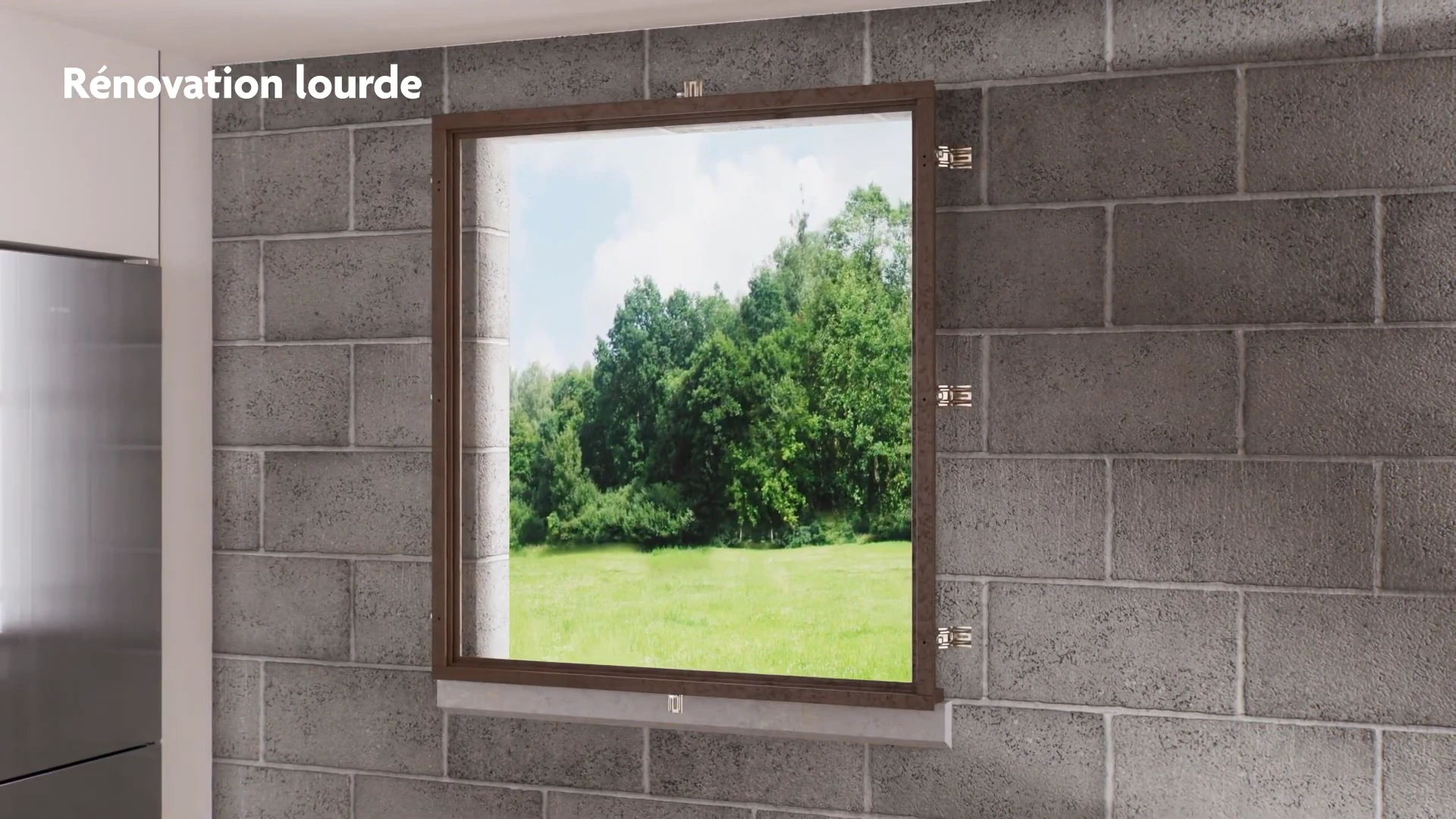 Ouverture de fenêtre dans un mur mis à nu pendant la démonstration 3D.