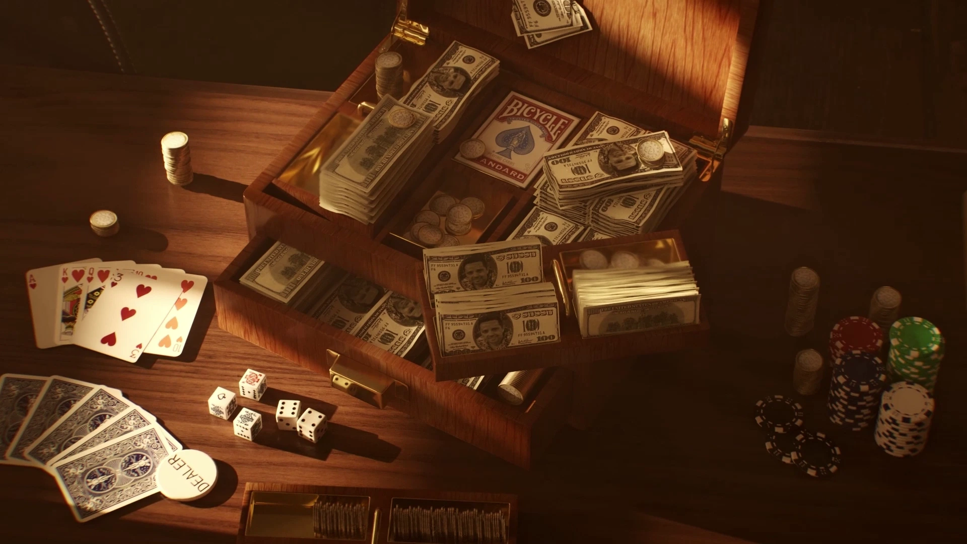 Cartes, jetons et billets disposés sur un bureau en bois.