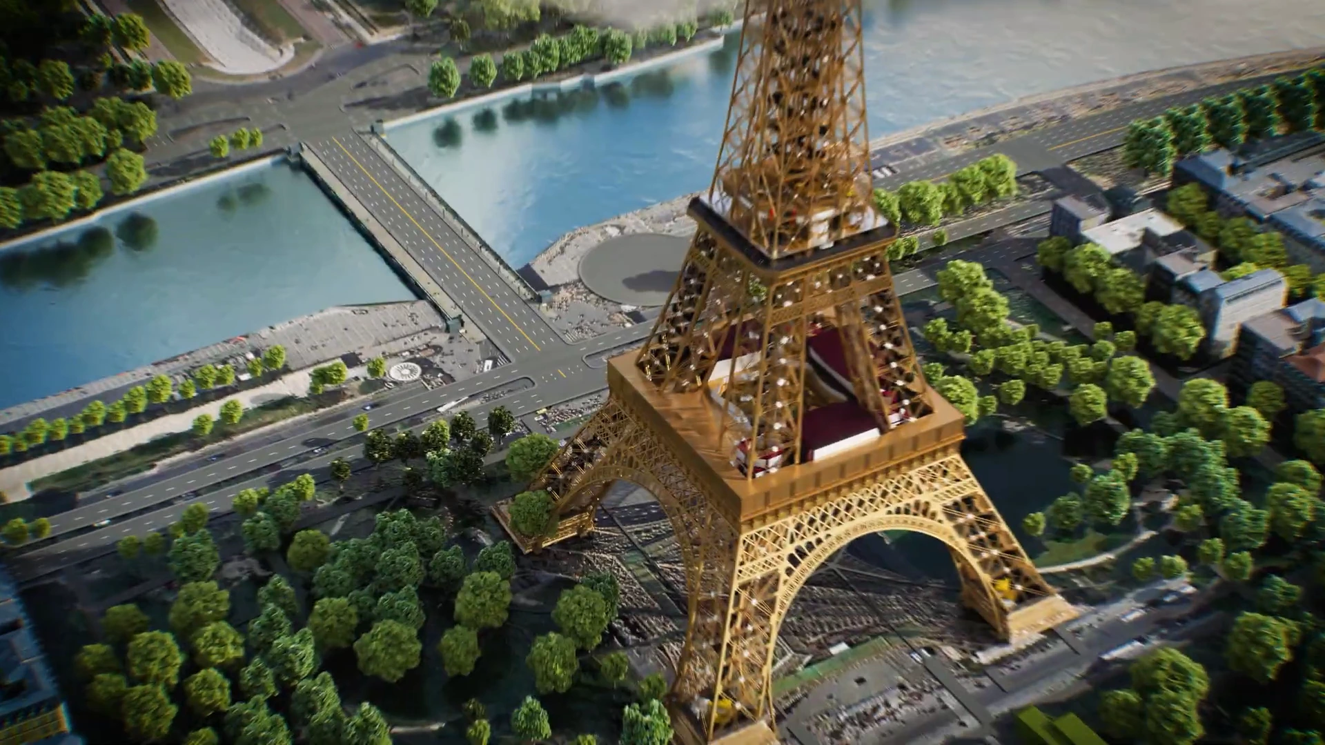 Vue aérienne de la tour Eiffel entourée de verdure et de la Seine.