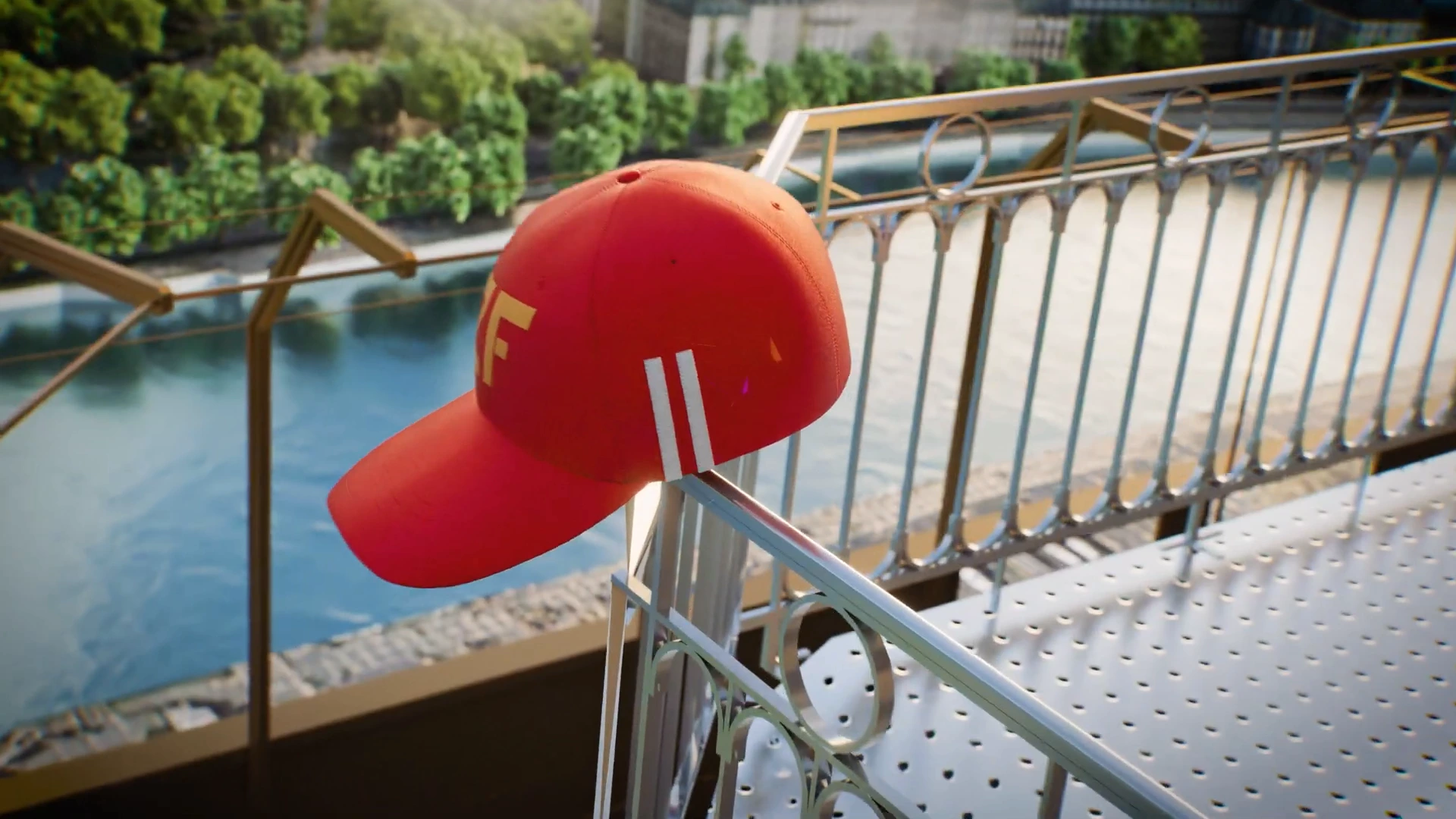 Casquette rouge suspendue près des structures de la tour Eiffel.