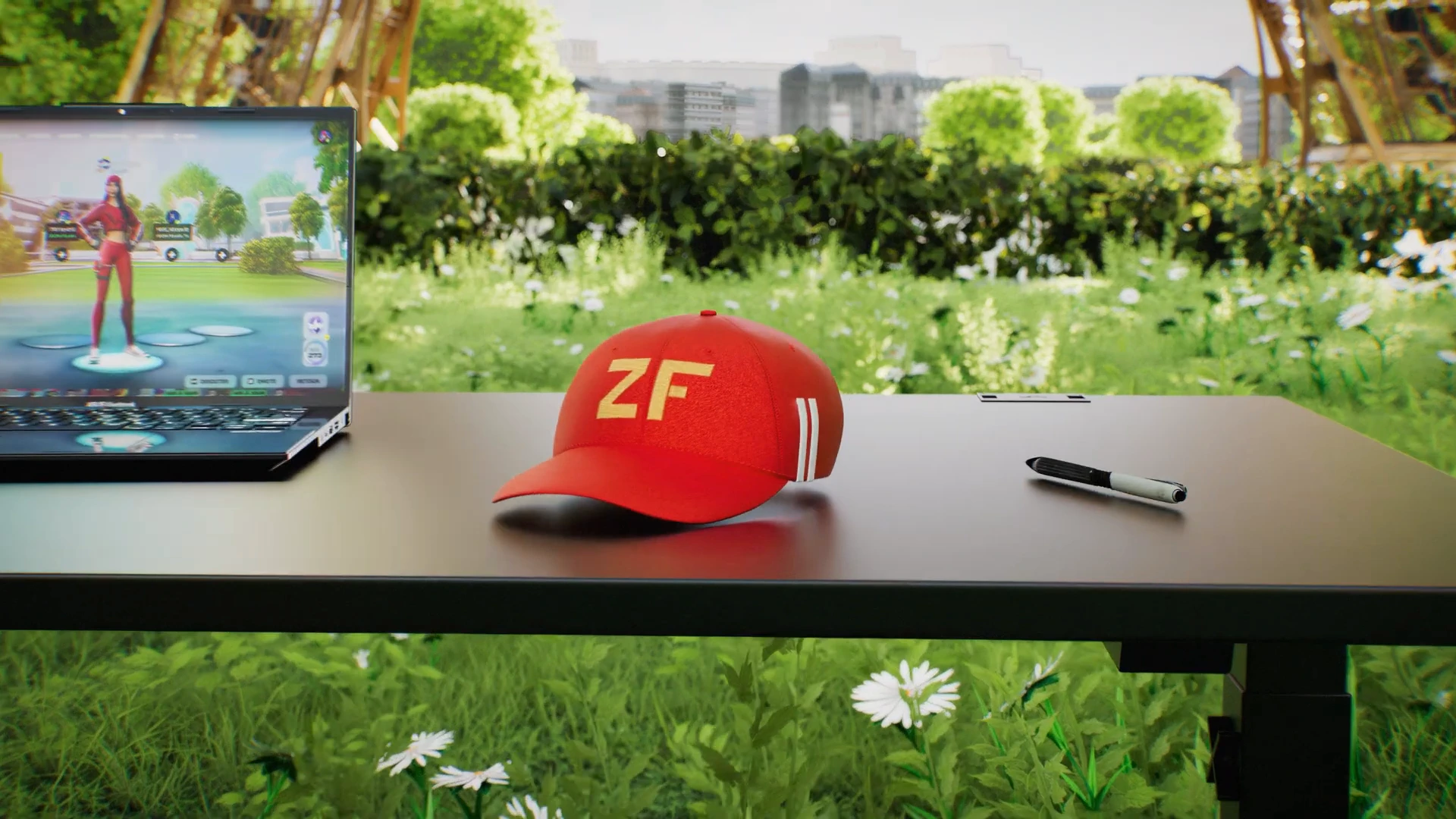 Casquette rouge ZF posée sur un bureau avec un ordinateur.
