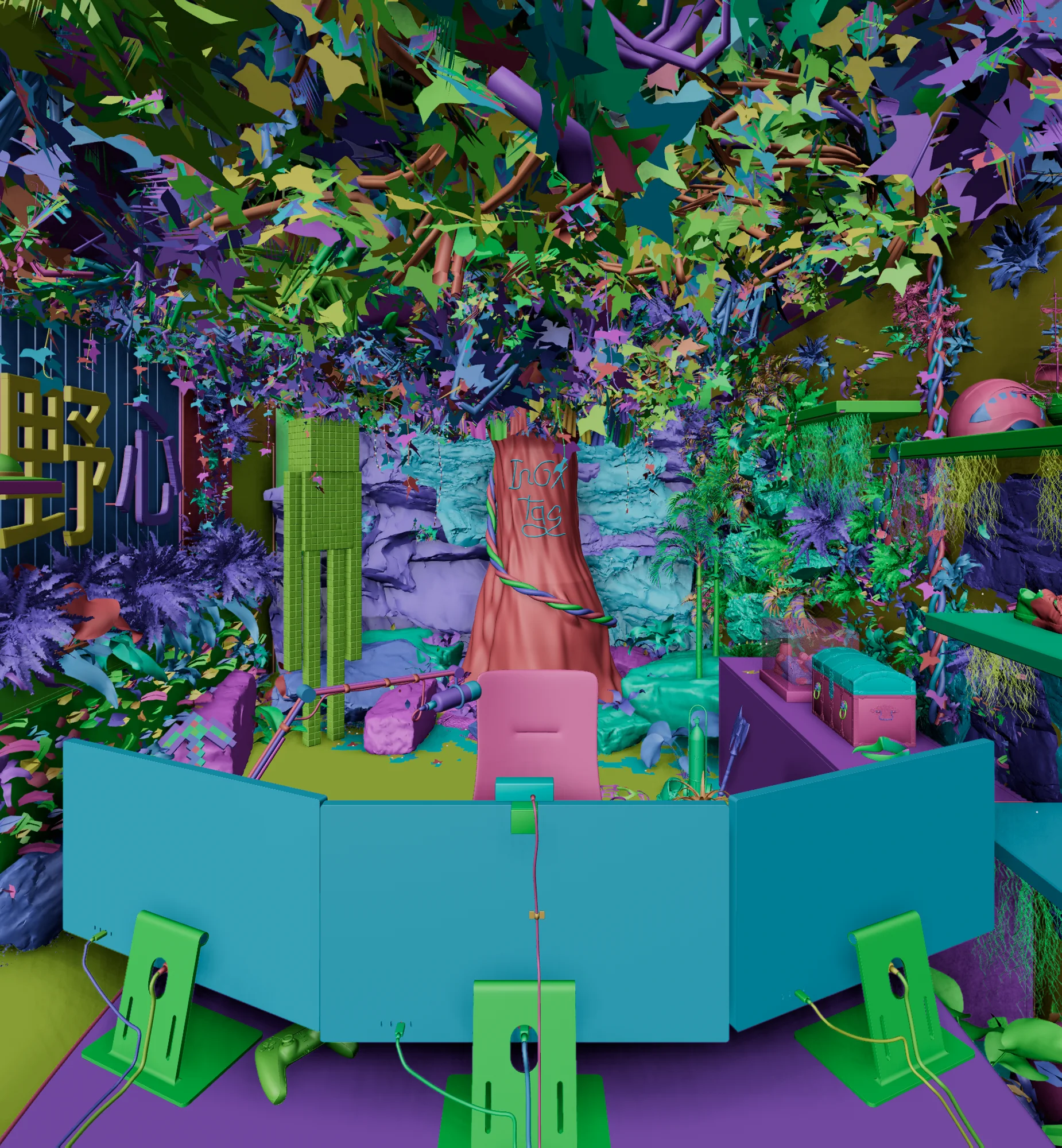 Cinema 4D viewport: the same scene, with each object shown in its own color